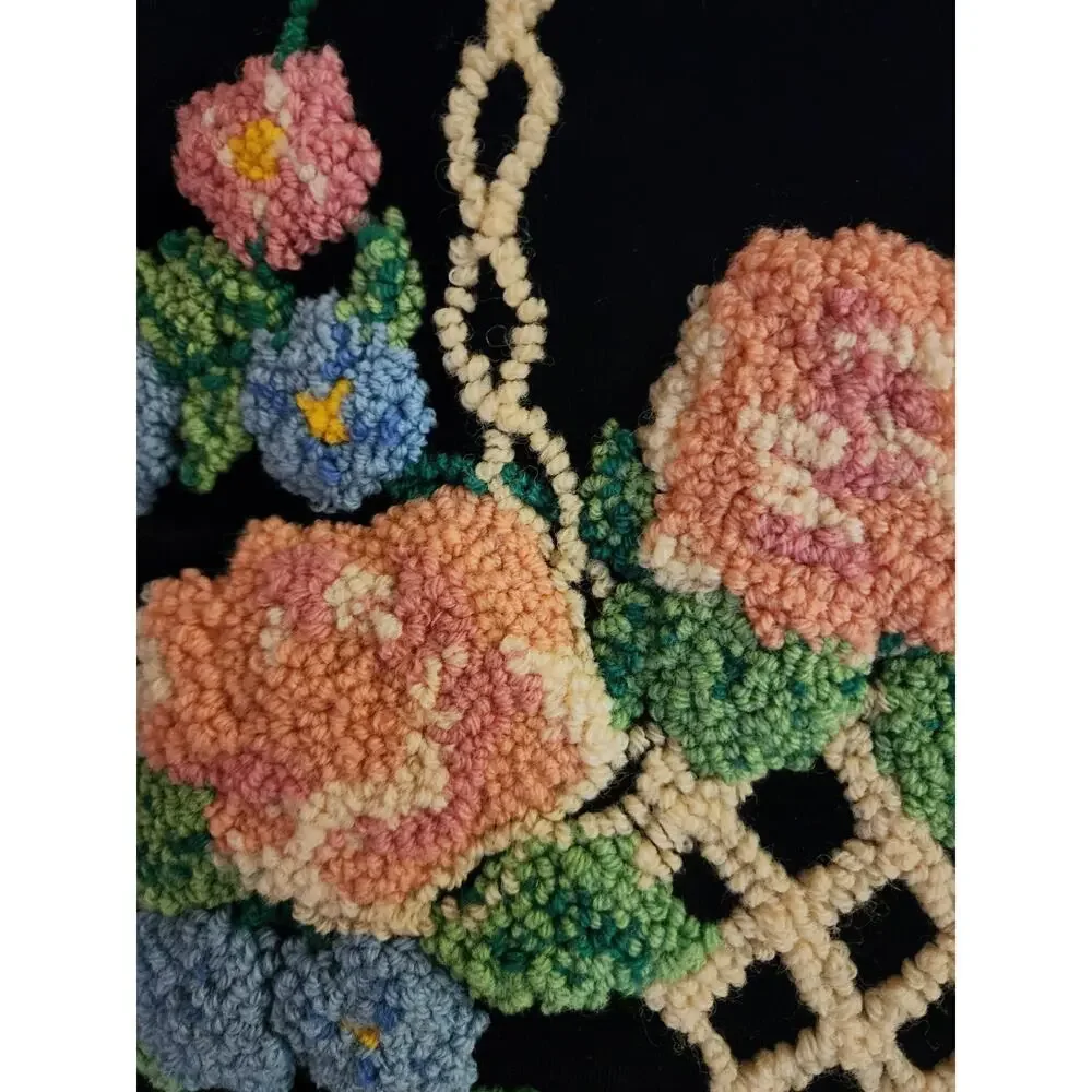 Vintage Amish Velvet Folk Art Basket of Pink Roses Hand Hooked Stumpwork Pillow